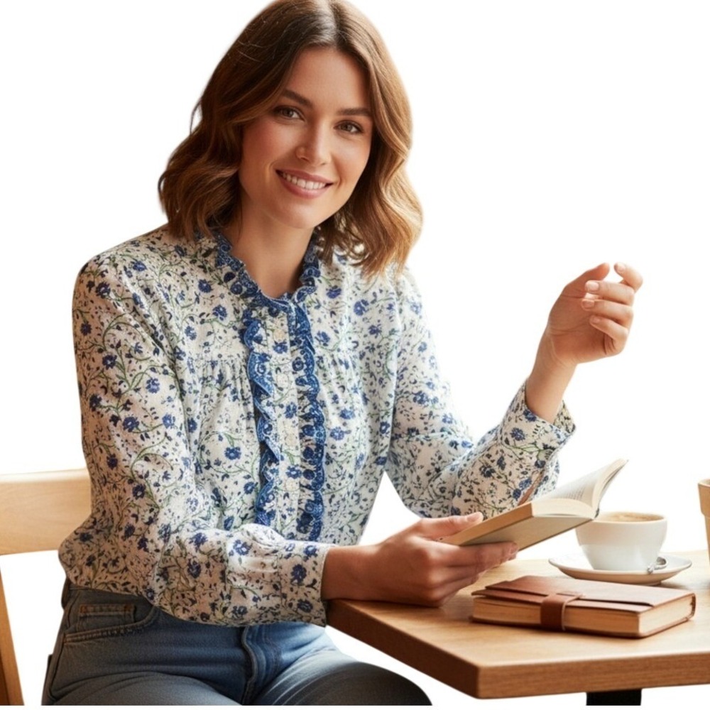 Mary Marshmallow Womens Floral Blouse Ruffle Trim‎ Long Sleeve Cotton Blue Green
